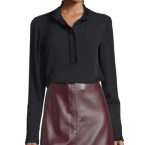 Theory Preppy Black Eilliv 100% Silk Ruffle Neck Blouse Size LG Minimalist